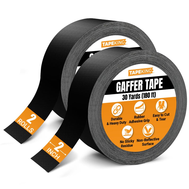 Tape King Gaffers Tape (Black) | 2 Inch Wide x 30 Yards Per Roll (180 Ft) Pro Gaff Tape | Durable Cloth Matte Black Tape with Strong Rubber Adhesive for Events, Cables, and Decorations (2 Pcs) - Image 1